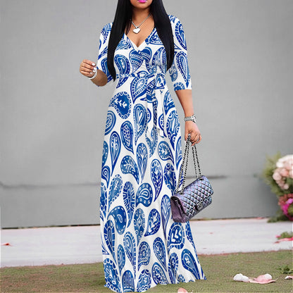 Plus Size Dresses for Women Print Maxi Dresses Flowy 3/4 Sleeve with Belt