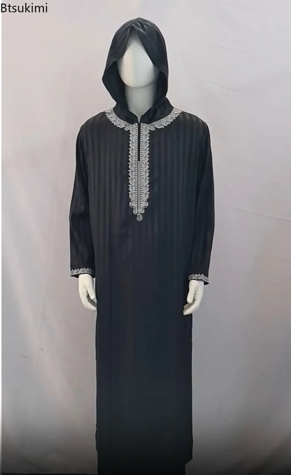 2026 New Middle East Men Clothes Moroccan Robe Muslim Men Dress Luxury Embroidered Hooded Abaya Islamic Kaftan Saudi Arabic Gown