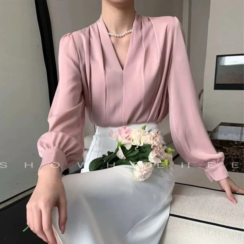 Women Clothing Fashion Loose V-Neck Chiffon Top Spring Autumn Elegant Long Sleeve Blouse Office Lady Simplicity Cozy Solid Shirt