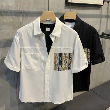 Short Sleeve With Pocket Male Shirts Button Up Print Loose Men&