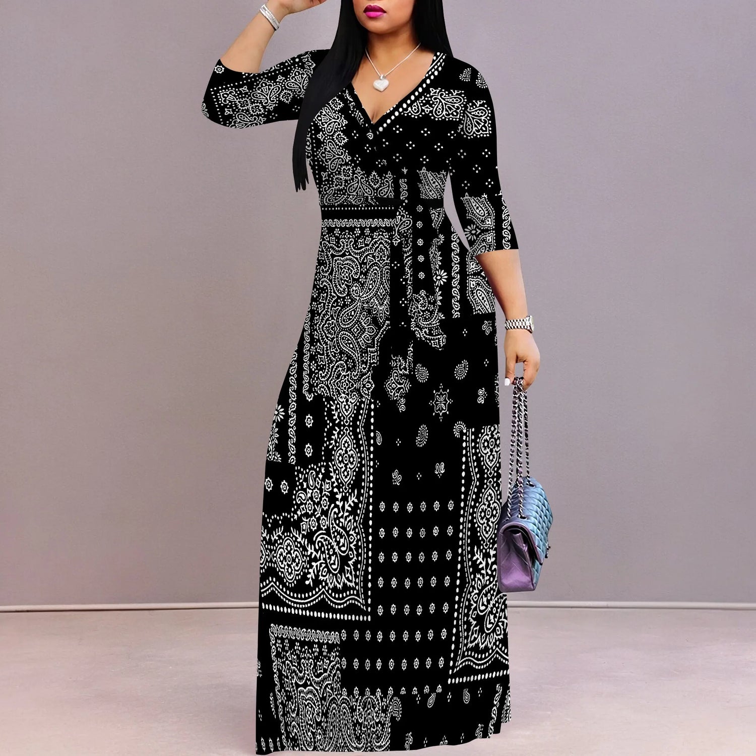 Plus Size Dresses for Women Print Maxi Dresses Flowy 3/4 Sleeve with Belt