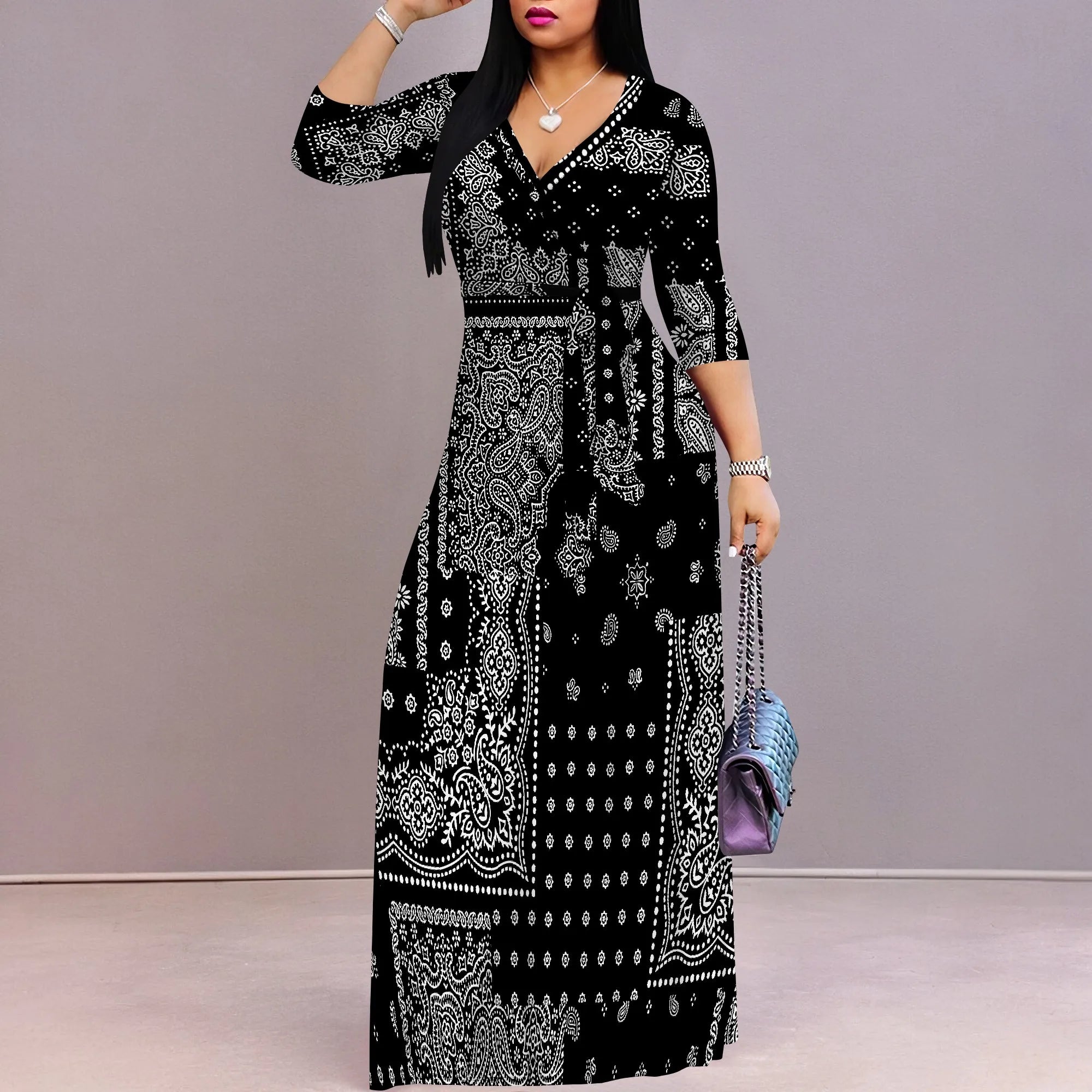 Plus Size Dresses for Women Print Maxi Dresses Flowy 3/4 Sleeve with Belt