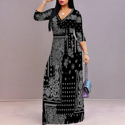 Plus Size Dresses for Women Print Maxi Dresses Flowy 3/4 Sleeve with Belt