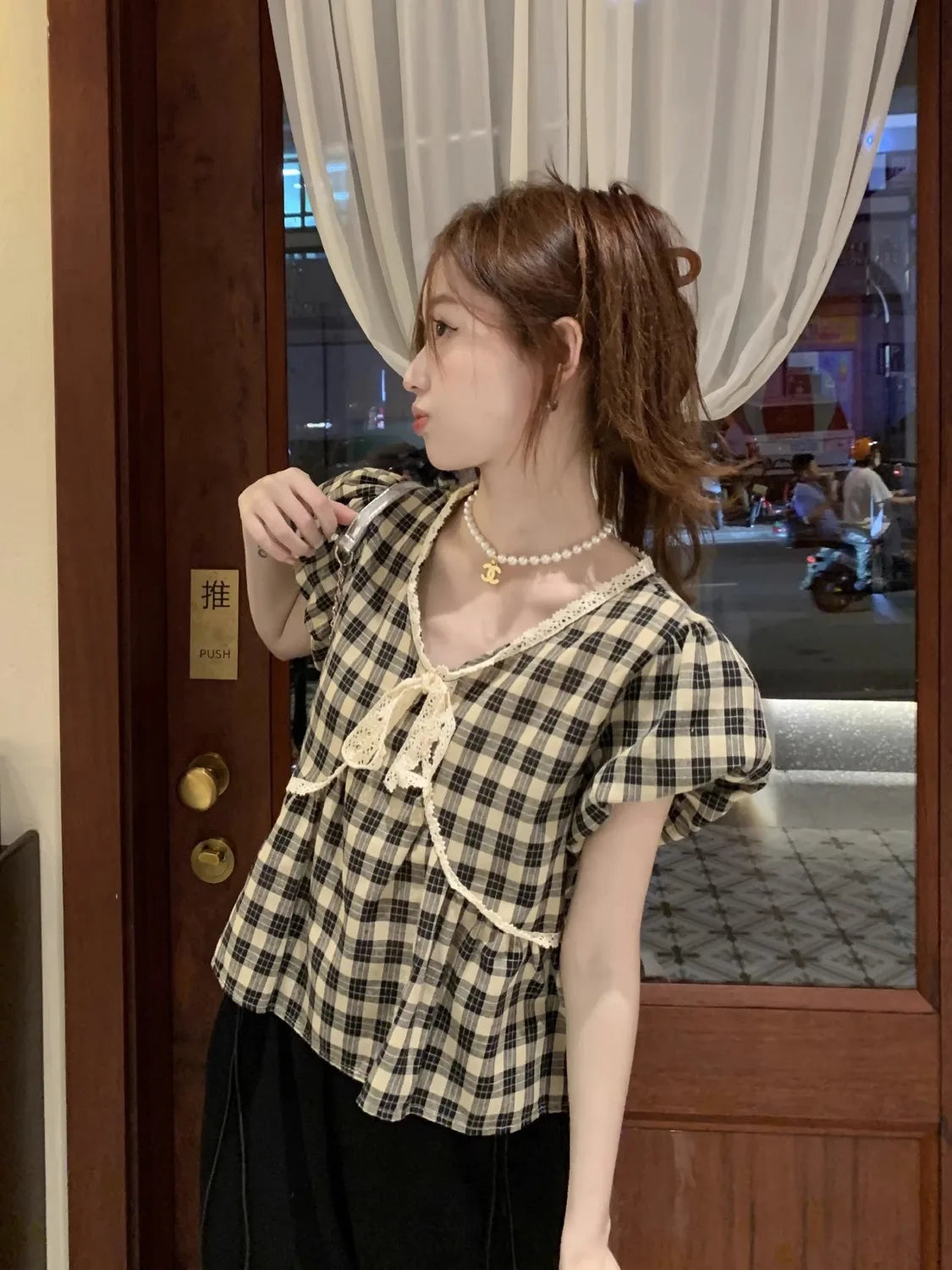Blouses Women Plaid Vintage Literary Summer Short-sleeve Sweet Crop Tops Lace-up Aesthetic Prairie Chic Students French Style