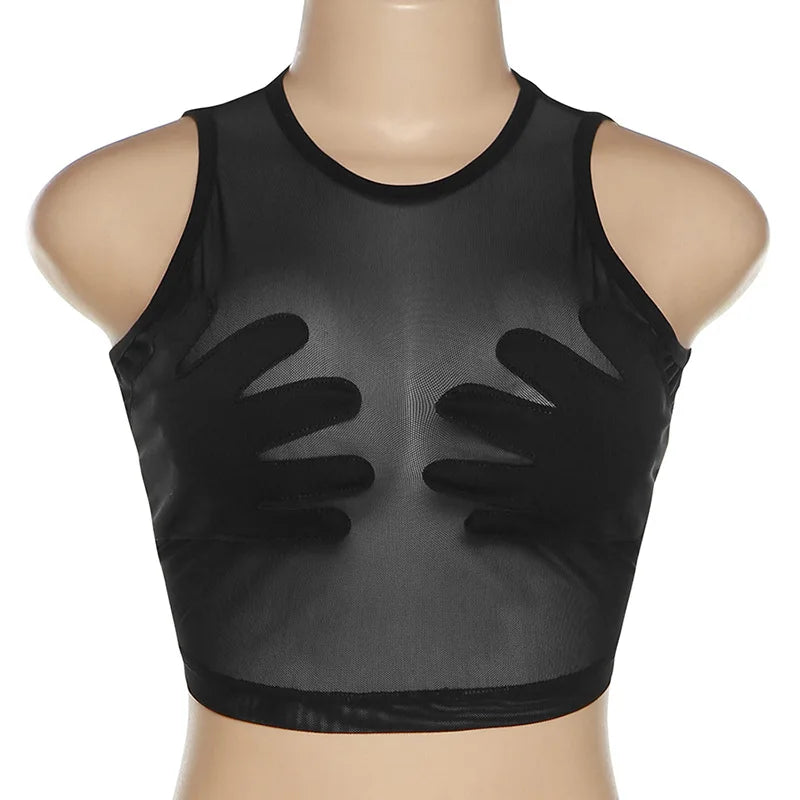 Sleeveless Sexy Tank Top Women Clothing See Through Y2k Accessories O-neck Palms Cute Mini T-shirts Mesh Black Ropa De Mujer