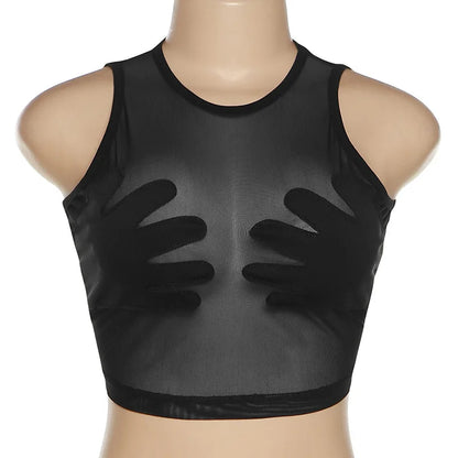 Sleeveless Sexy Tank Top Women Clothing See Through Y2k Accessories O-neck Palms Cute Mini T-shirts Mesh Black Ropa De Mujer