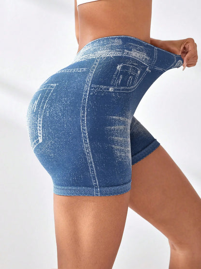 Women V back Shorts Faux Jeans Elastic Workout Sports Yoga Pants Butt Lifting Leggins Fitness Athletic Short Tights Seamless