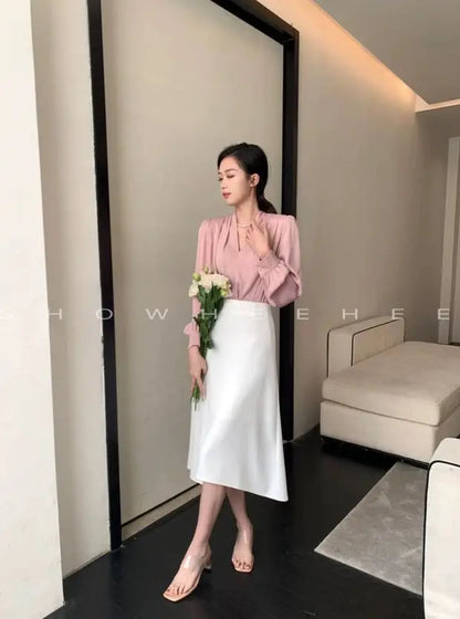 Women Clothing Fashion Loose V-Neck Chiffon Top Spring Autumn Elegant Long Sleeve Blouse Office Lady Simplicity Cozy Solid Shirt