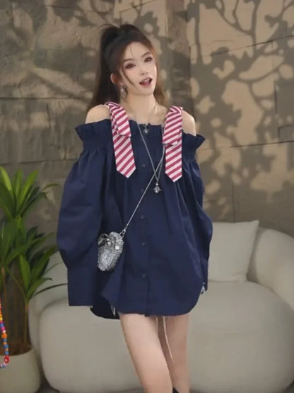 2025 Blusas De Mujer Autumn Blouse for Women Slashn Neck Patchwork Loose Shirts Fashion Single Breasted Oversized Blouses Tops
