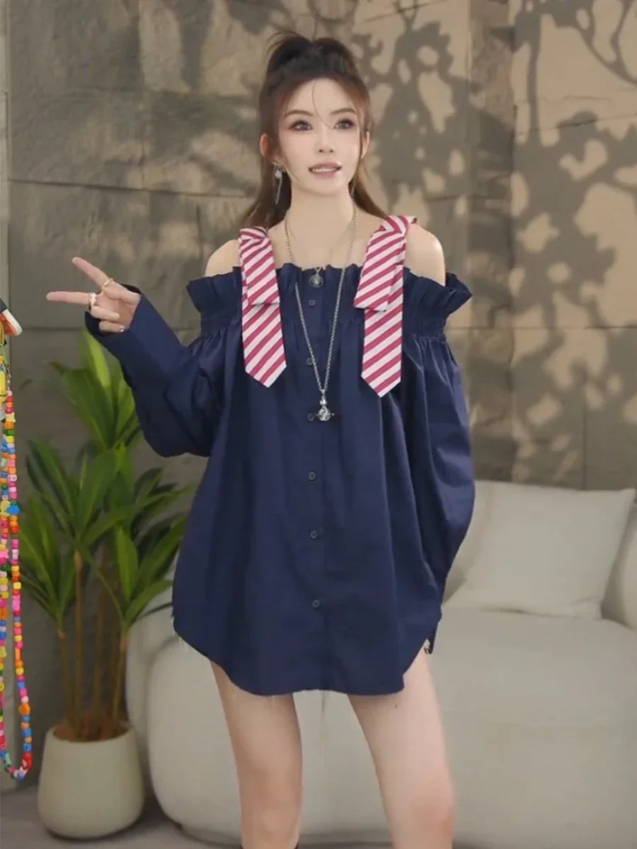 2025 Blusas De Mujer Autumn Blouse for Women Slashn Neck Patchwork Loose Shirts Fashion Single Breasted Oversized Blouses Tops