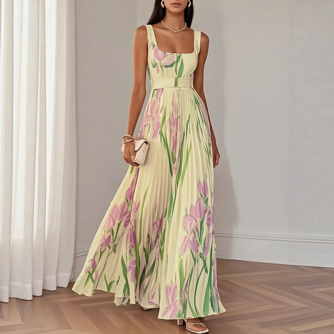 Sexy Flower Print Long Dress Women Summer 2025 Fashion Sleeveless Strap Maxi Dresses Elegant