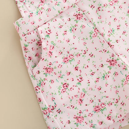 Kids Clothes Girls Summer Outfits Children Clothing Short Sleeve Round Neck Tops + Flowers Printed Suspender Short Pants Set