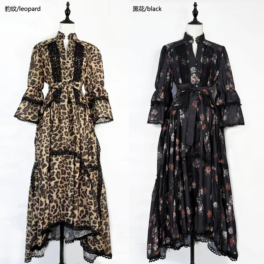 Women Maxi Dresses Sping Summer Bohemian Casual Flare Sleeve High Waist Beach Woman Chiffon Floral Belt Vestidoes Long Dress