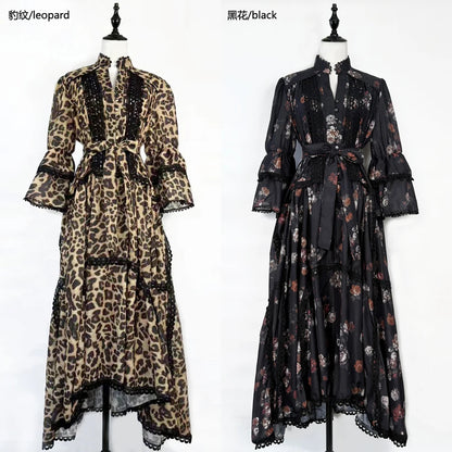Women Maxi Dresses Sping Summer Bohemian Casual Flare Sleeve High Waist Beach Woman Chiffon Floral Belt Vestidoes Long Dress