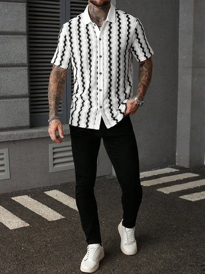 Classic Plaid Striped Knitting Shirt Short Sleeve Buttoned Turn-down Collar Mens Shirts Summer Vintage Slim Fit Knitted Cardigan