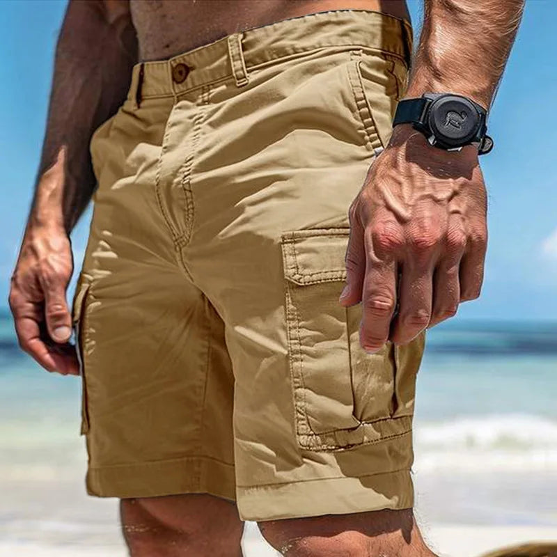 Beach Casual Shorts Men Multi-Pocket Cargo Short Pants Jorts Summer Breathable Loose Straight Solid Color Wear-Resistant Shorts