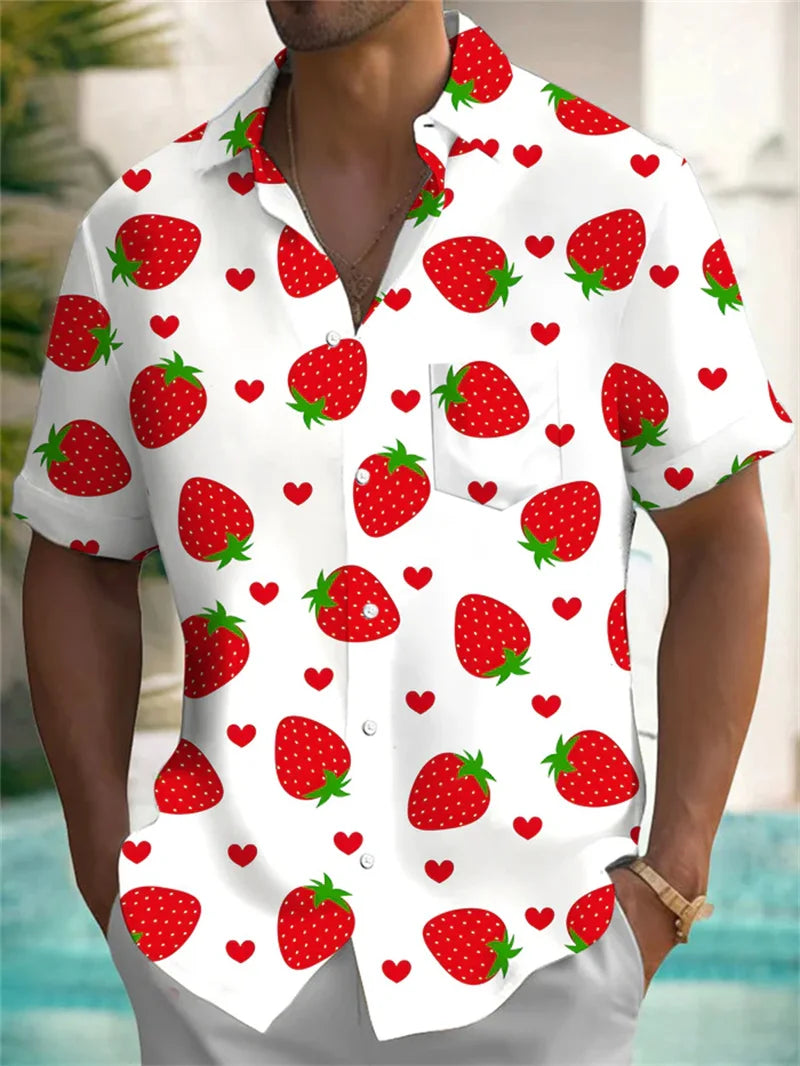 Button up shirt for men, Hawaiian shirt, strawberry short sleeved button up shirt, summer beach shirt, men&