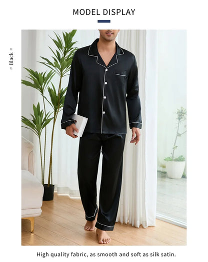 Men Sleepwear Satin Pajama Sets Long Sleeve Tops with Trousers Pajama Pj Sets Soft and Comfortable Autumn Pajamas Loungewear Set