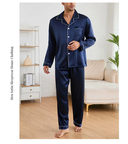 Men Sleepwear Satin Pajama Sets Long Sleeve Tops with Trousers Pajama Pj Sets Soft and Comfortable Autumn Pajamas Loungewear Set