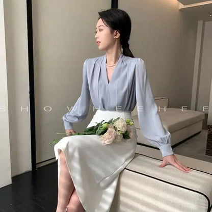 Women Clothing Fashion Loose V-Neck Chiffon Top Spring Autumn Elegant Long Sleeve Blouse Office Lady Simplicity Cozy Solid Shirt
