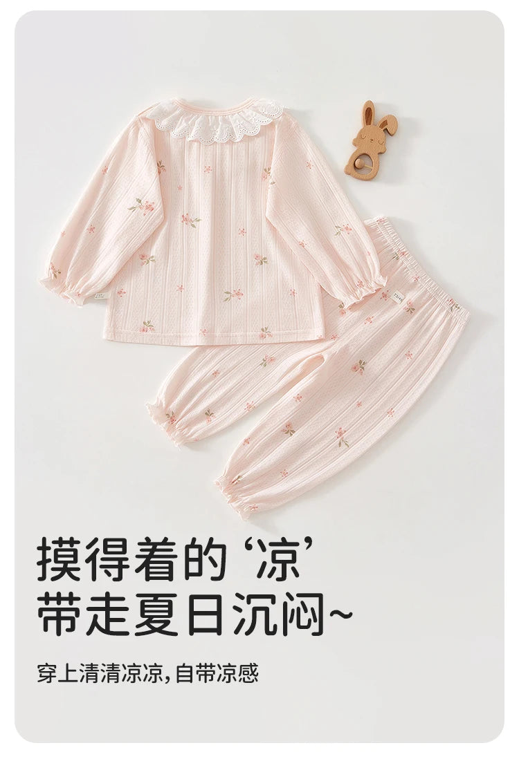 Baby Clothes Summer Outfit for Girls, Class A, 6-12 Months, Infant Air-Conditioned Clothing, Two-Piece Set, Summer Thin Fiber 80