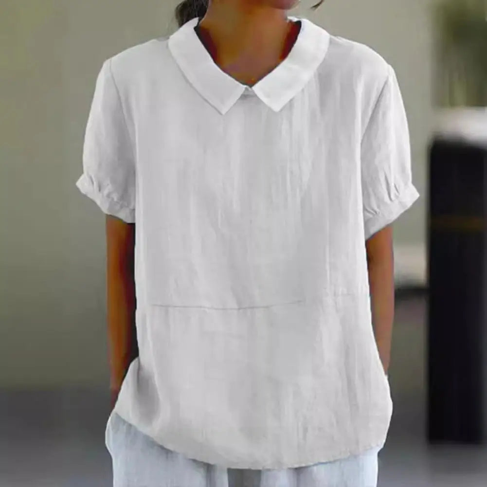 2026 Cotton Linen Women Blouse Lapel Short Sleeve Breathable Top Loose Fit Blouse Round Neck Soft Fabric Summer Blouse 80%