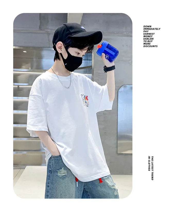 Kids Summer Clothes T-shirt for Boy Short Sleeve Cotton Tshirt Outfits Teenage Children Cartoon Print Clothing Age 5 To 14 Years