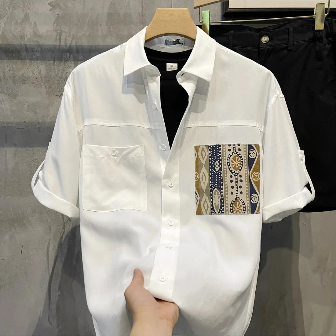 Short Sleeve With Pocket Male Shirts Button Up Print Loose Men&