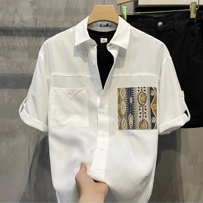 Short Sleeve With Pocket Male Shirts Button Up Print Loose Men&