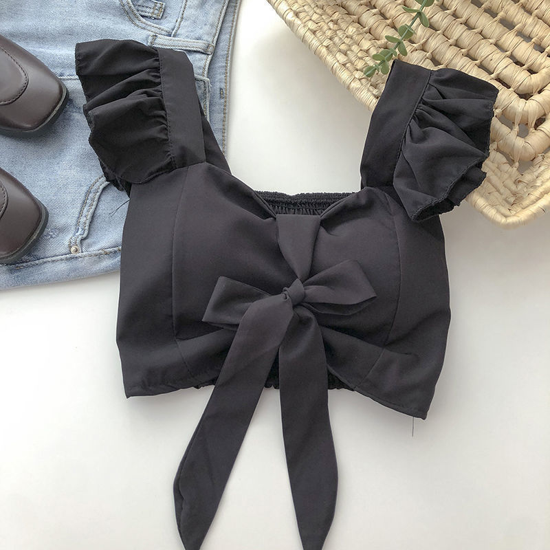 Crop Tops Camis Women Ruffles Sexy Elegant Simple Streetwear Vintage Summer Holiday Casual Young Aesthetic All-match Ulzzang New