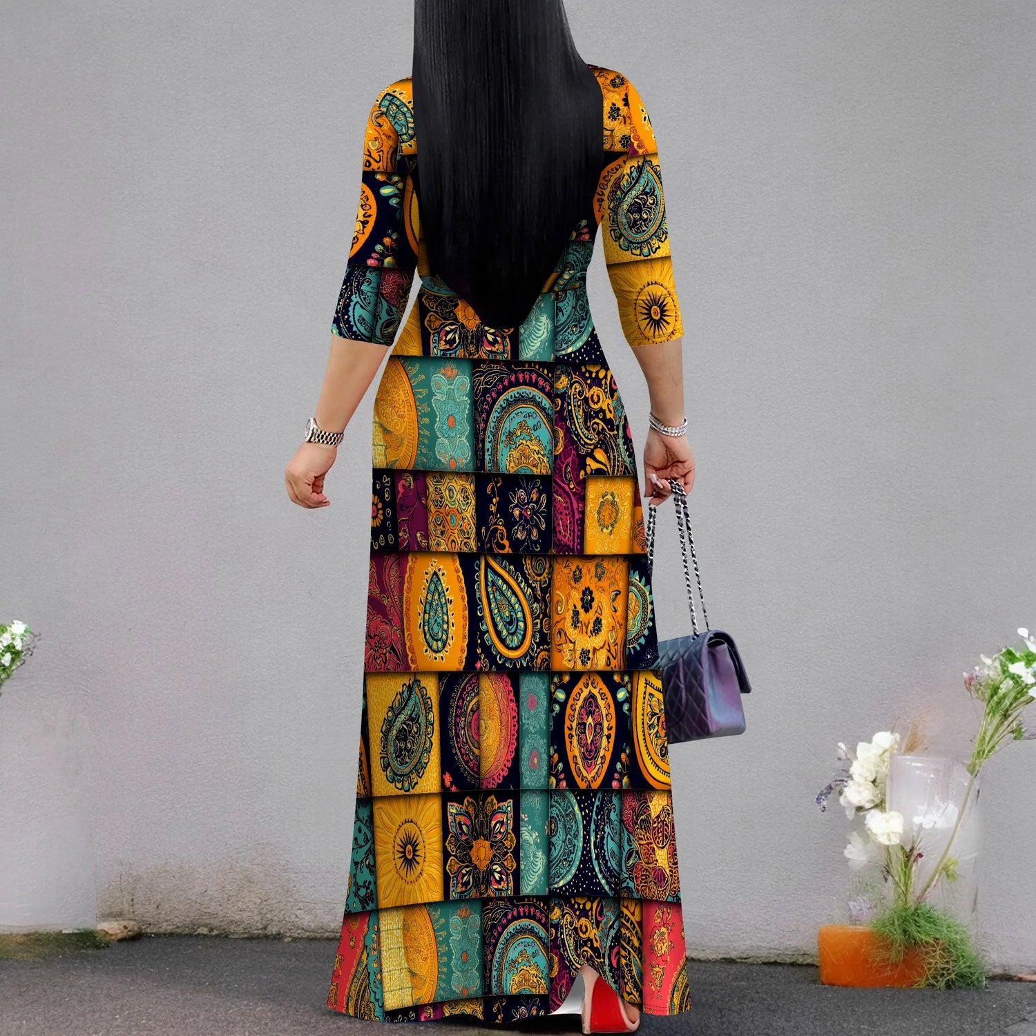 Plus Size Dresses for Women Print Maxi Dresses Flowy 3/4 Sleeve with Belt
