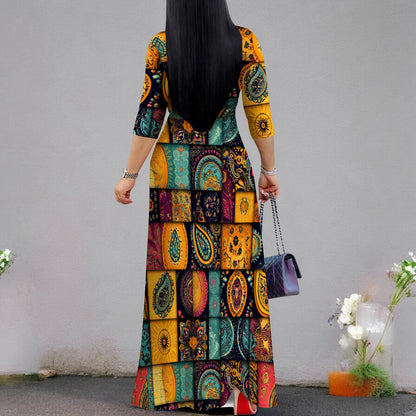 Plus Size Dresses for Women Print Maxi Dresses Flowy 3/4 Sleeve with Belt