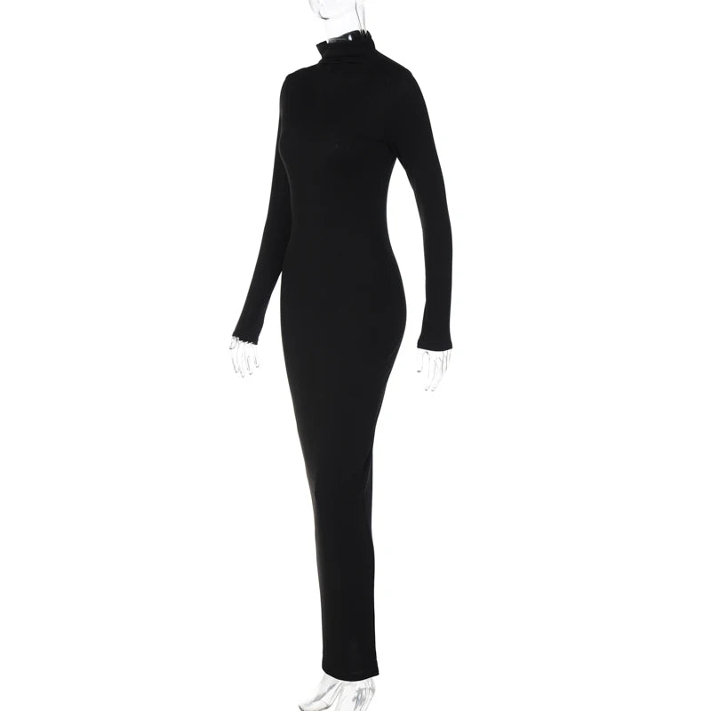 Fall Women Fashion Elegant  Solid Turtleneck Long Sleeve Sexy Bodycon Maxi Prom Dress  Outfit Evening Party Club