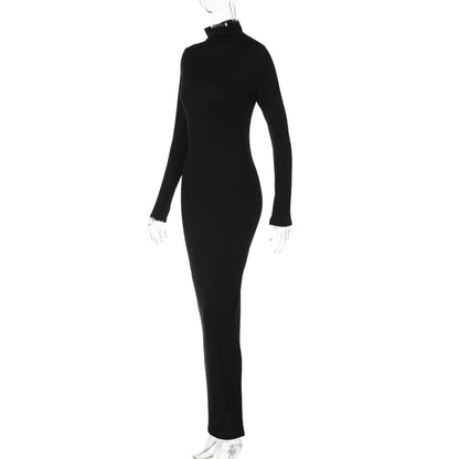 Fall Women Fashion Elegant  Solid Turtleneck Long Sleeve Sexy Bodycon Maxi Prom Dress  Outfit Evening Party Club