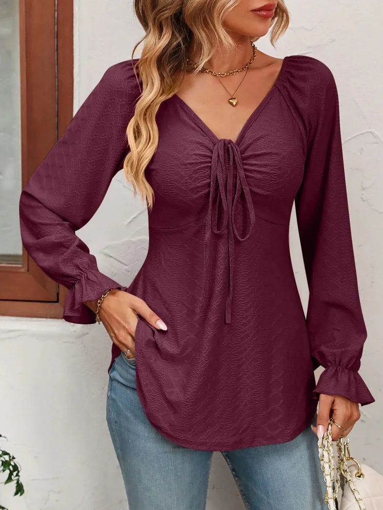 Fashion A Line Women Blouse Sexy V-Neck Drawstring Waist Long Sleeve T-Shirt Lady Elegant Spring Autumn Tops