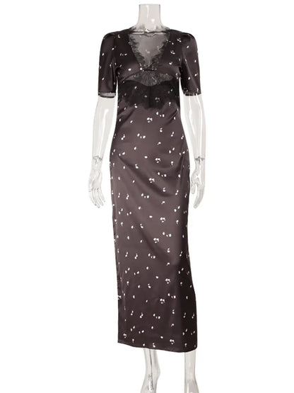 Lace Patchwork Printed Maxi Dresses For Women Fashion Sexy Streetwear Short Sleeves Slim Hollow Out Long Vestidos Robes Female
