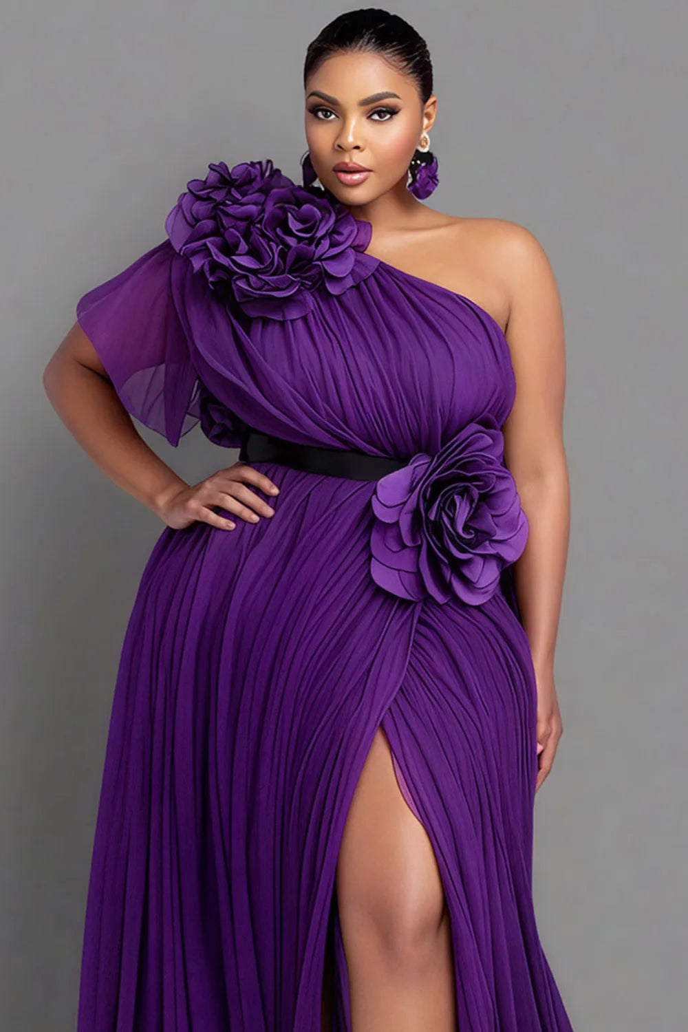 Plus Size Formal Purple One Shoulder Short Sleeve 3D Elegant Split Chiffon Maxi Dresses
