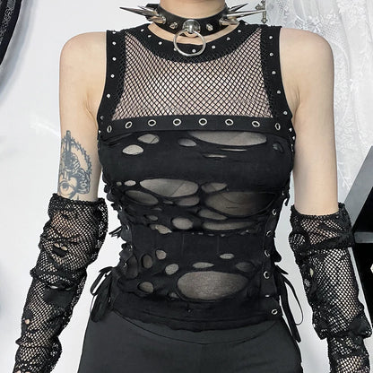 Gothic Tops Punk Tanks T-Shirt Women Sexy Fishnet Backless Steampunk Vest Clubwear for Party