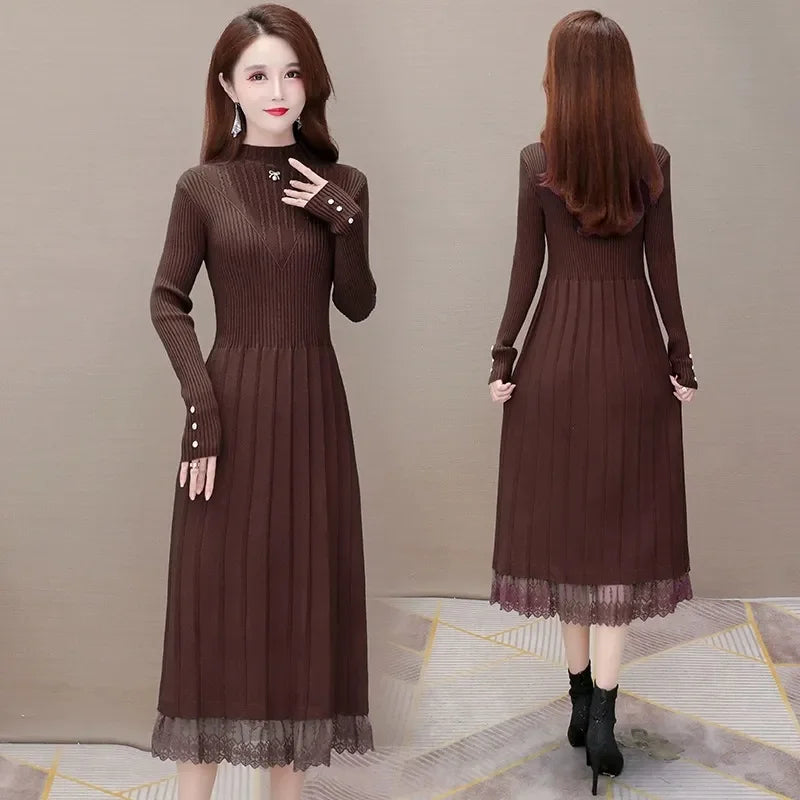 Elegant Fashion Women Dresses With Lace Trim And Knit Design For Autumn Winter