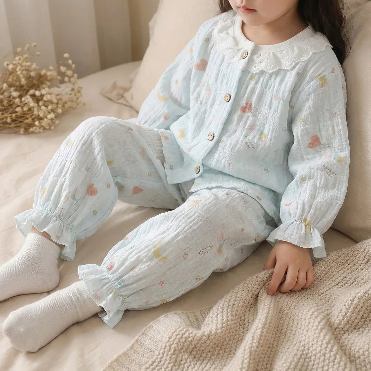 Summer Child Clothing Sets in Air-conditioned Room Girls Breathable Comfortable Long Sleeve Lace Home Clothes Sets Kids Pajamas