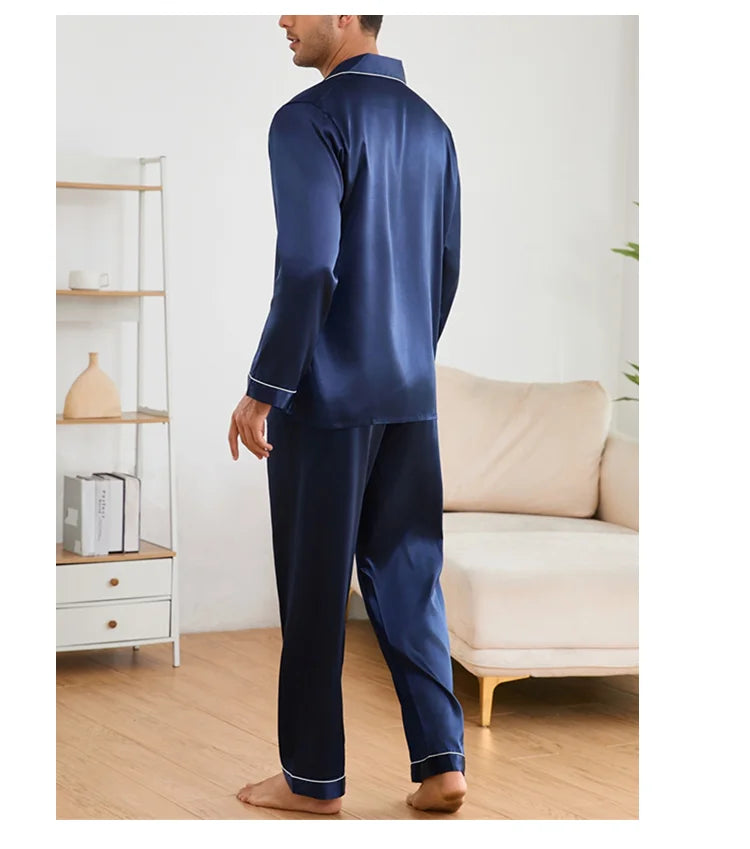 Men Sleepwear Satin Pajama Sets Long Sleeve Tops with Trousers Pajama Pj Sets Soft and Comfortable Autumn Pajamas Loungewear Set
