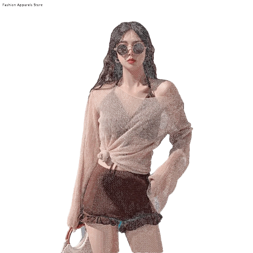 Beachwear Ruffles Bikini Set Slim Fit Lace-up Long Sleeve Swimsuit Sun Protection Transparent Pullover 3Pieces Set Swimwear