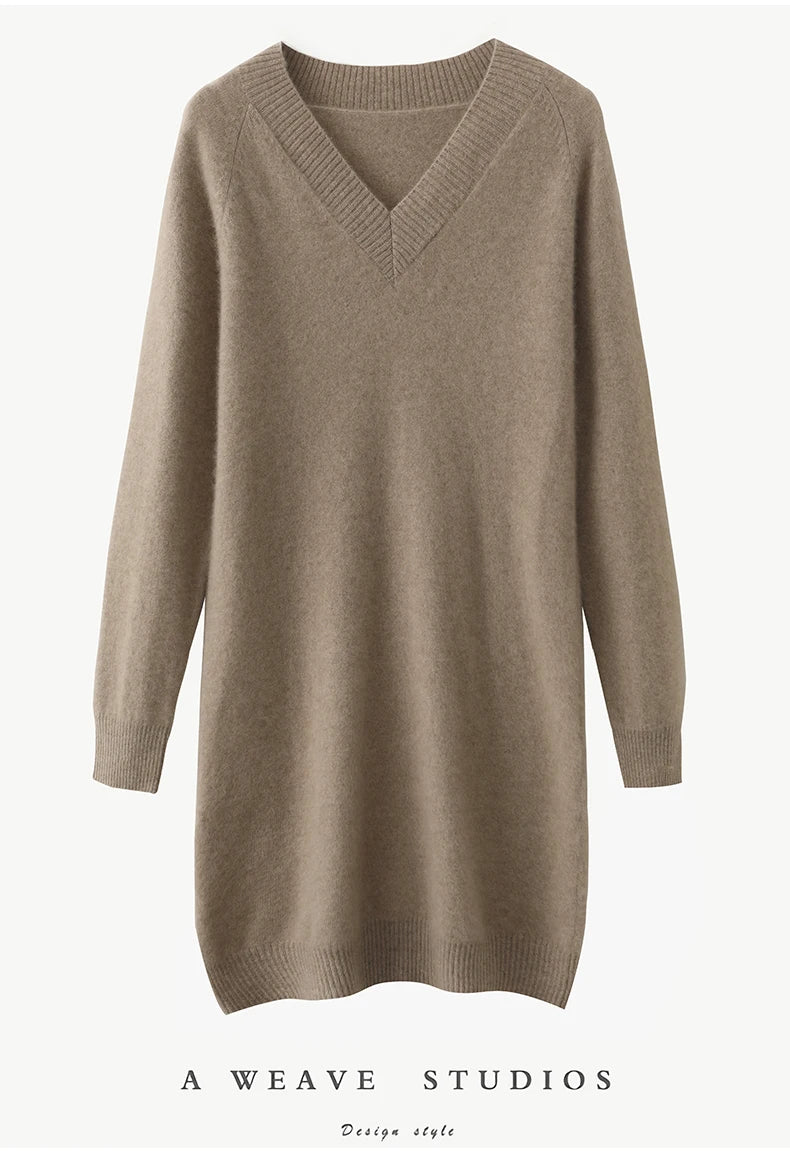 Fashion Autumn Winter Dress Women100%Merino Wool V-neck Long-sleeved Dress Women&
