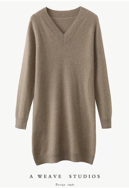 Fashion Autumn Winter Dress Women100%Merino Wool V-neck Long-sleeved Dress Women&