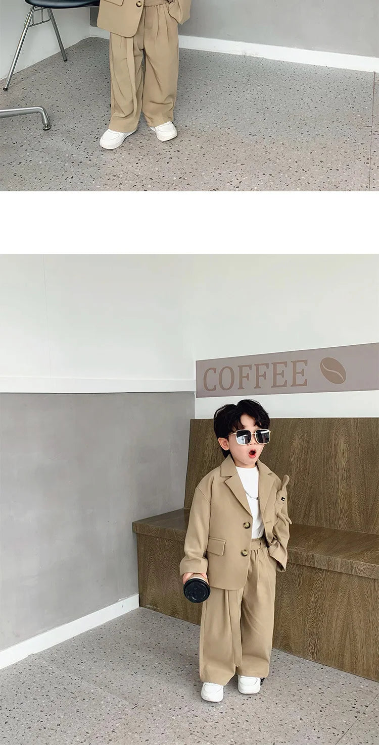 Kids Suits Fashion Casual Blazers Wide-legged Trousers 2 Piece Girls Clothes Set Khaki Loose Children Wedding Birthday Costumes