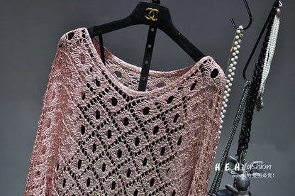 Fall Clothes for Women 2024 Fashion Sexy  Sequins Hollow Out Loose Gold Bright Silk Gown Bats Long-sleeved Round Collar Knitting