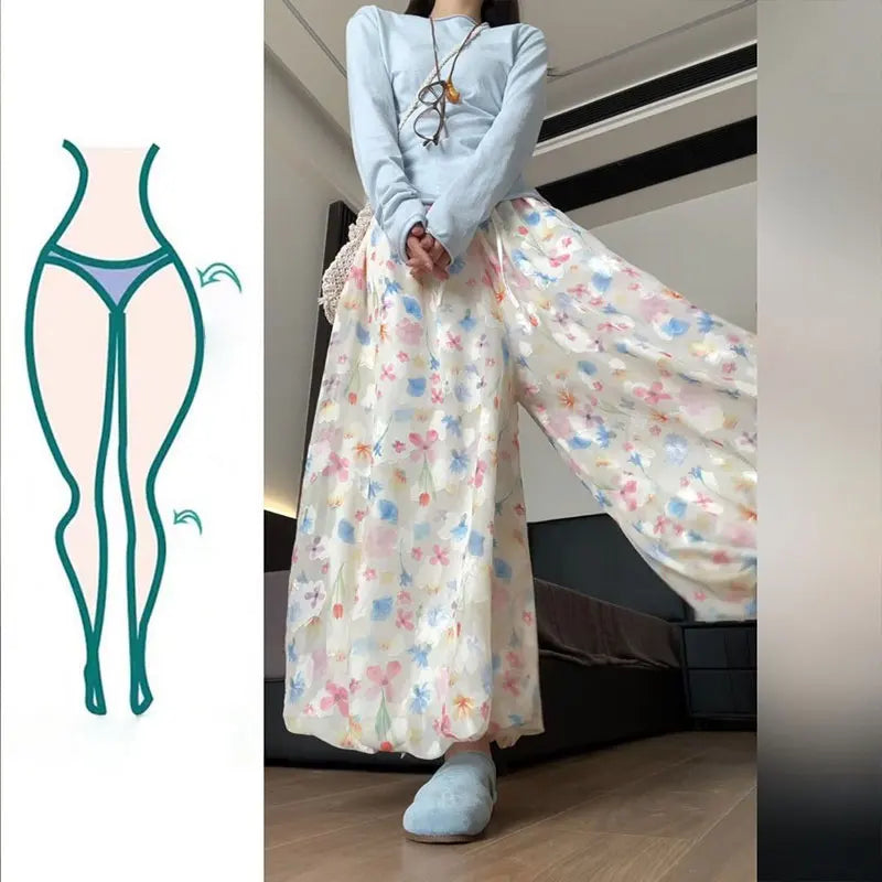 Summer French Style Floral Palazzo Pants Women High Waist Loose Boho Print Wide Leg Trousers with Drapery Comfortable &amp; Elegant