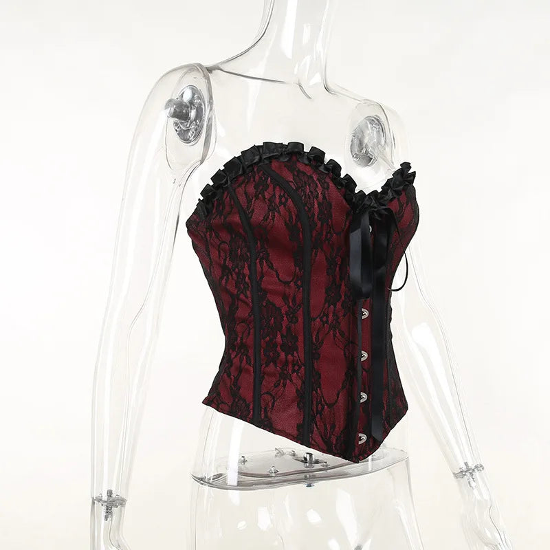 Tube Top Gothic Printed Lace Trim Sleeveless Metal Buttons Lace-up Corsets Tank Top Court Elegant Fairy Grunge Top