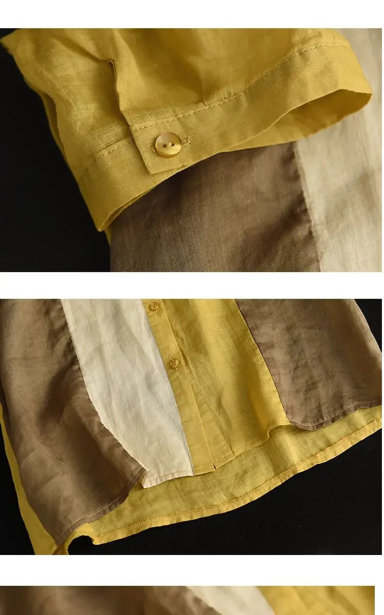 Cotton and Linen Shirt for Women Fashionable and Versatile Cardigan Lapel Top Thin Blouse Patchwork Casual Chic Female Clothes