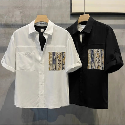 Short Sleeve With Pocket Male Shirts Button Up Print Loose Men&